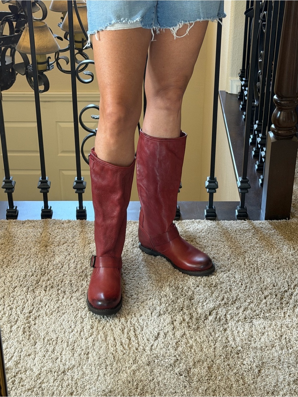 Frye Veronica Slouch Red Leather Mid-Calf Buckle Boots